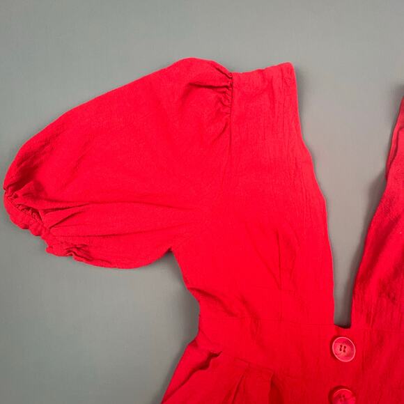 Mulla Red Linen Jumpsuit | Puff Sleeves Deep V Tie Back | Size M - Picture 5 of 10